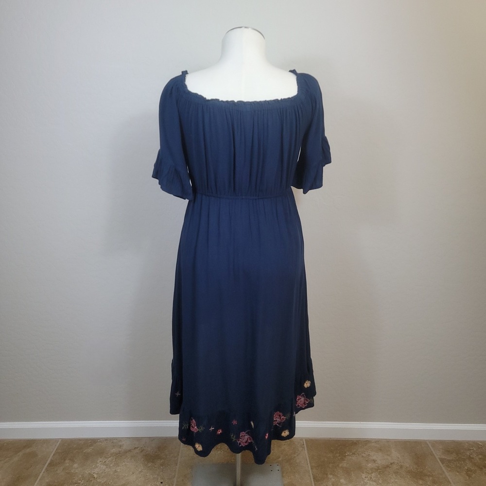 Feathers High-Low Dress Women 1X Navy Blue Floral Embroidered Boho Off-Shoulder - Picture 2 of 8